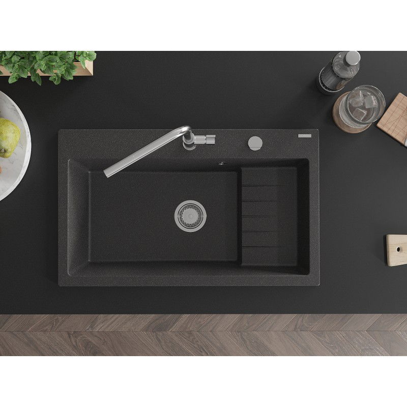 Mexen Omar žulový dřez 1-komorový 800 x 480 mm, černý tečkovaný, sifon chrom - 6520801005-76