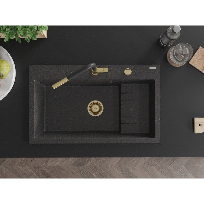 Mexen Omar dřez granitový 1-komorový 800 x 480 mm, černý tečkovaný, sifon zlatý - 6520801005-76-G