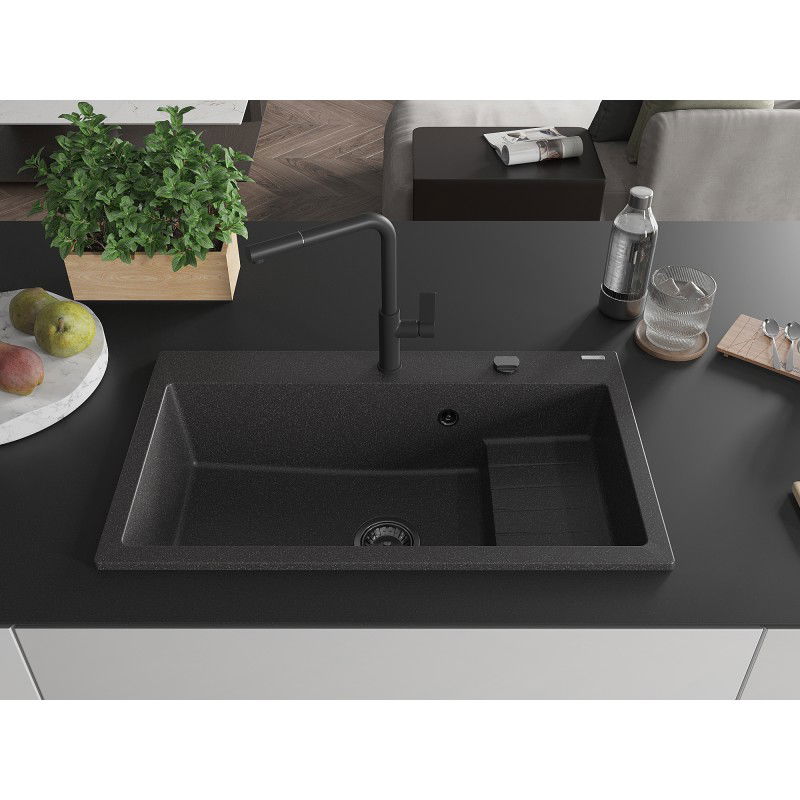 Mexen Omar žulový dřez s jednou komorou 800 x 480 mm, černý skvrnitý, sifon černý - 6520801005-76-B