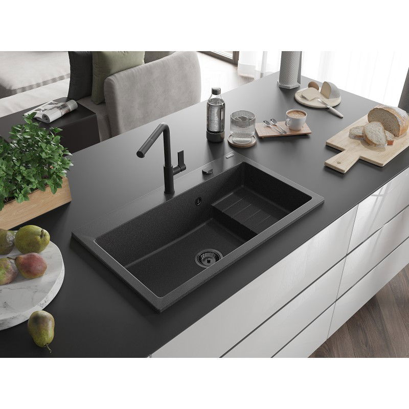 Mexen Omar žulový dřez s jednou komorou 800 x 480 mm, černý skvrnitý, sifon černý - 6520801005-76-B