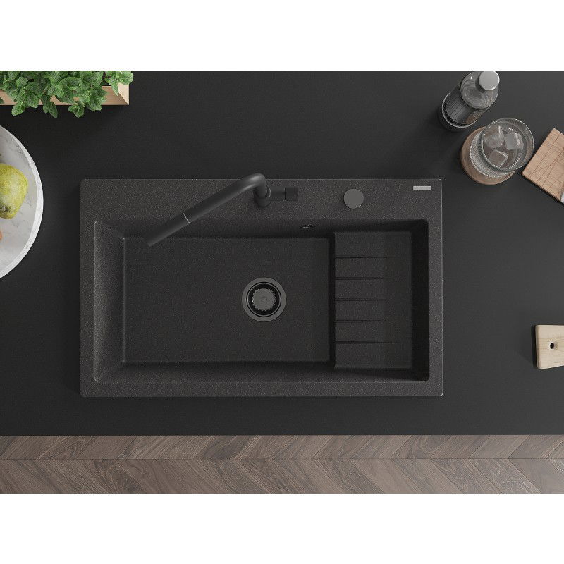 Mexen Omar žulový dřez s jednou komorou 800 x 480 mm, černý skvrnitý, sifon černý - 6520801005-76-B