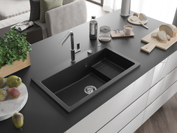 Mexen Omar žulový kuchyňský dřez 1-komorový 800 x 480 mm, černý, sifon chrom - 6520801005-77