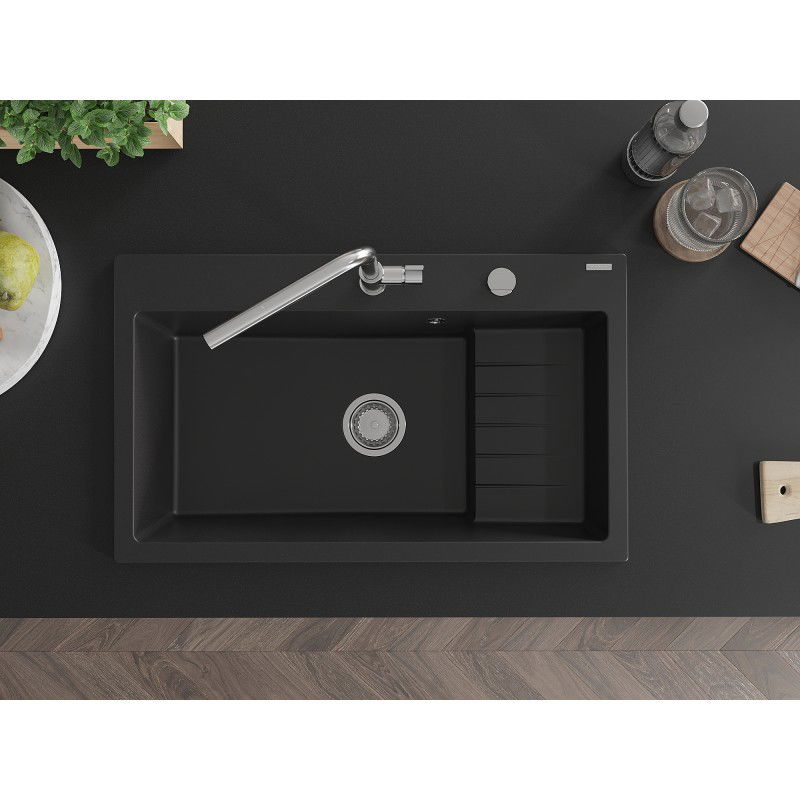 Mexen Omar žulový kuchyňský dřez 1-komorový 800 x 480 mm, černý, sifon chrom - 6520801005-77