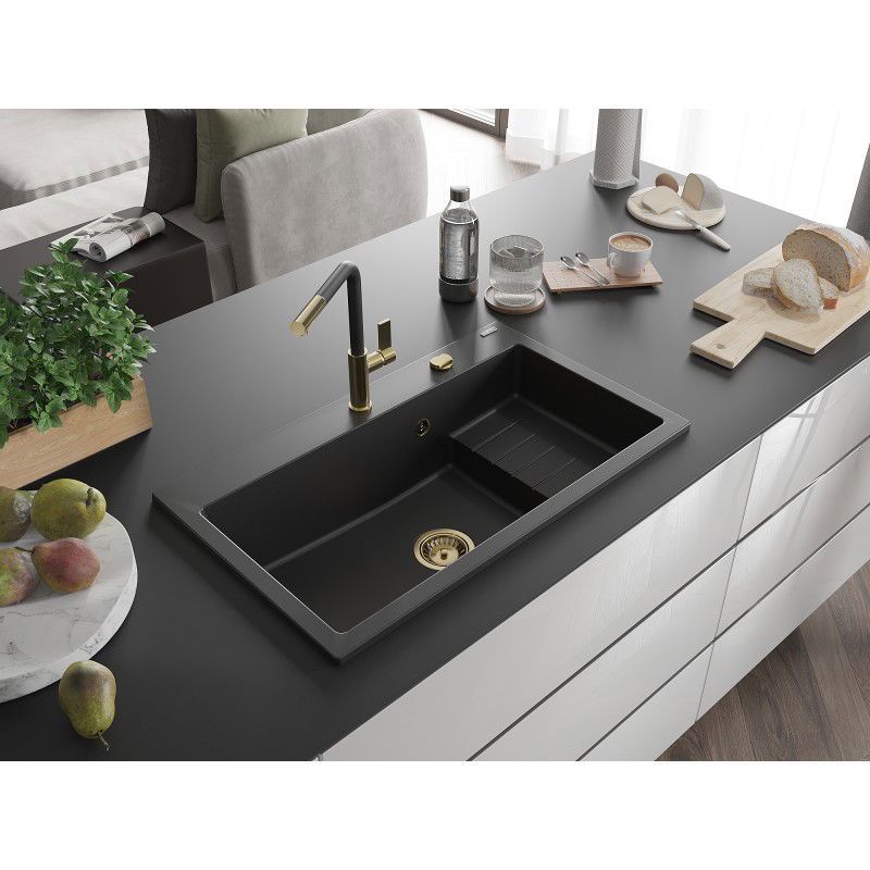 Mexen Omar granitový dřez 1-komorový 800 x 480 mm, černý, zlatý sifon - 6520801005-77-G