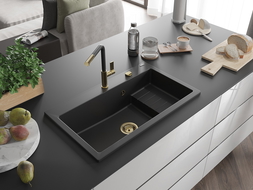 Mexen Omar granitový dřez 1-komorový 800 x 480 mm, černý, zlatý sifon - 6520801005-77-G