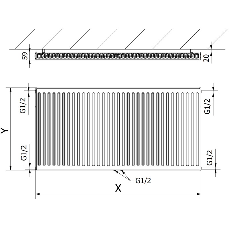 Mexen CC11 deskový radiátor 400 x 2200 mm, spodní středové připojení, 1426 W, antracit - W6C11-040-220-66