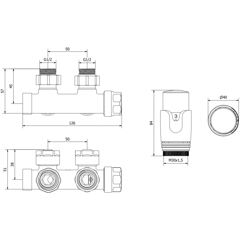 Mexen G00 termostatický rohový set, Duplex, DN50, bílý - W907-900-20