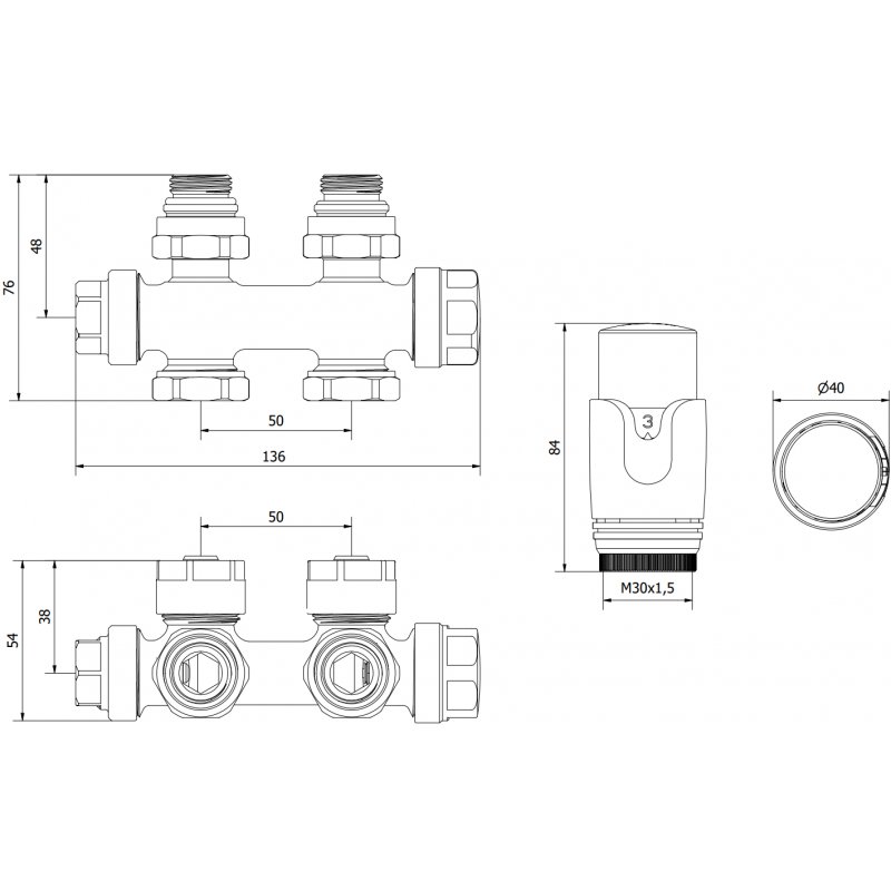 Mexen G00 termostatická sada rohová/přímá, Duplex, DN50, bílá - W908-900-20