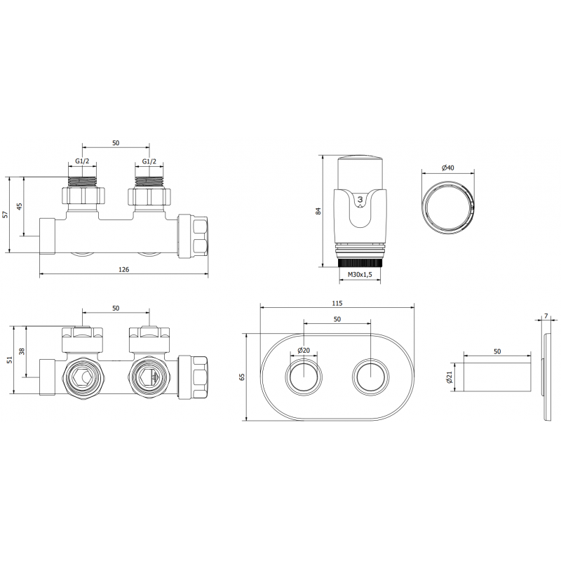 Mexen G00 úhlová termostatická sada s krytkou R, Duplex, DN50, antracit - W907-900-905-66