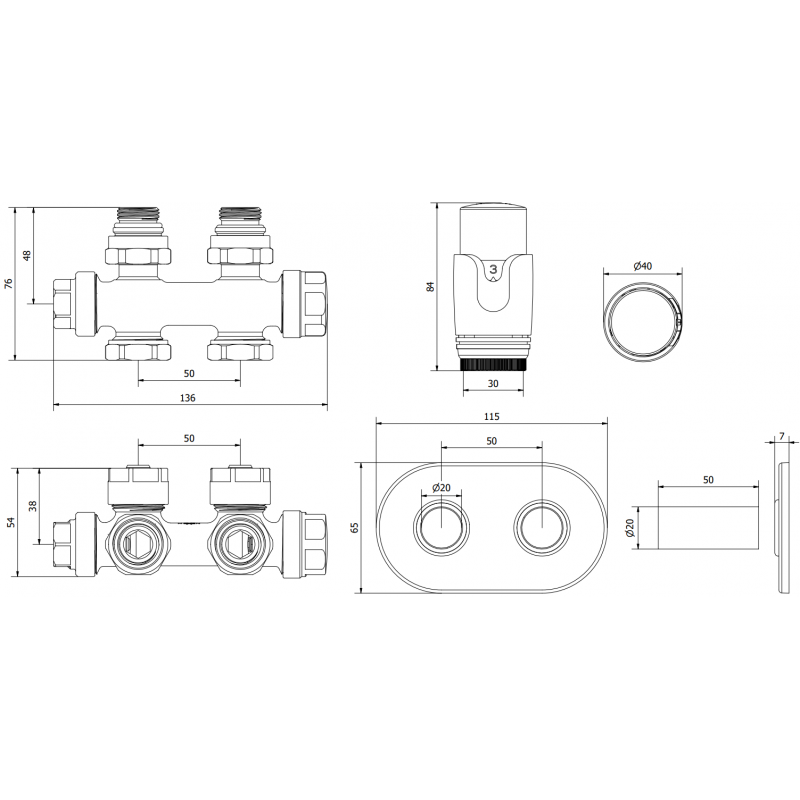 Mexen G00 termostatická sada úhlová/přímá s dekorativním krytem R, Duplex, DN50, chrom - W908-900-905-01