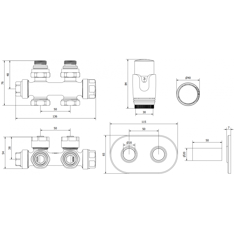 Mexen G00 termostatická souprava rohová/přímá s krytem R, Duplex, DN50, bílá - W908-900-905-20