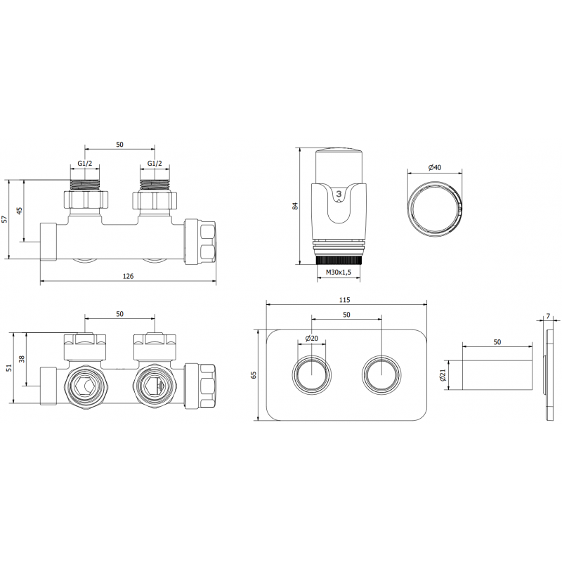 Mexen G00 rohová termostatická sada s krytem S, Duplex, DN50, zlatá - W907-900-910-50