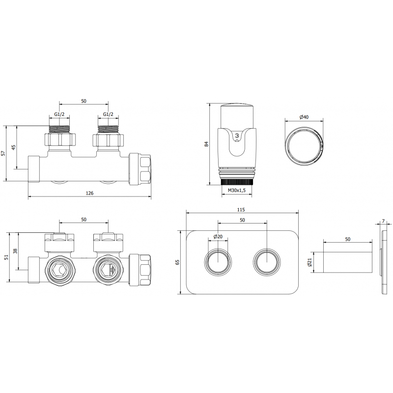 Mexen G00 úhlová termostatická sada s krytkou S, Duplex, DN50, černá - W907-900-910-70