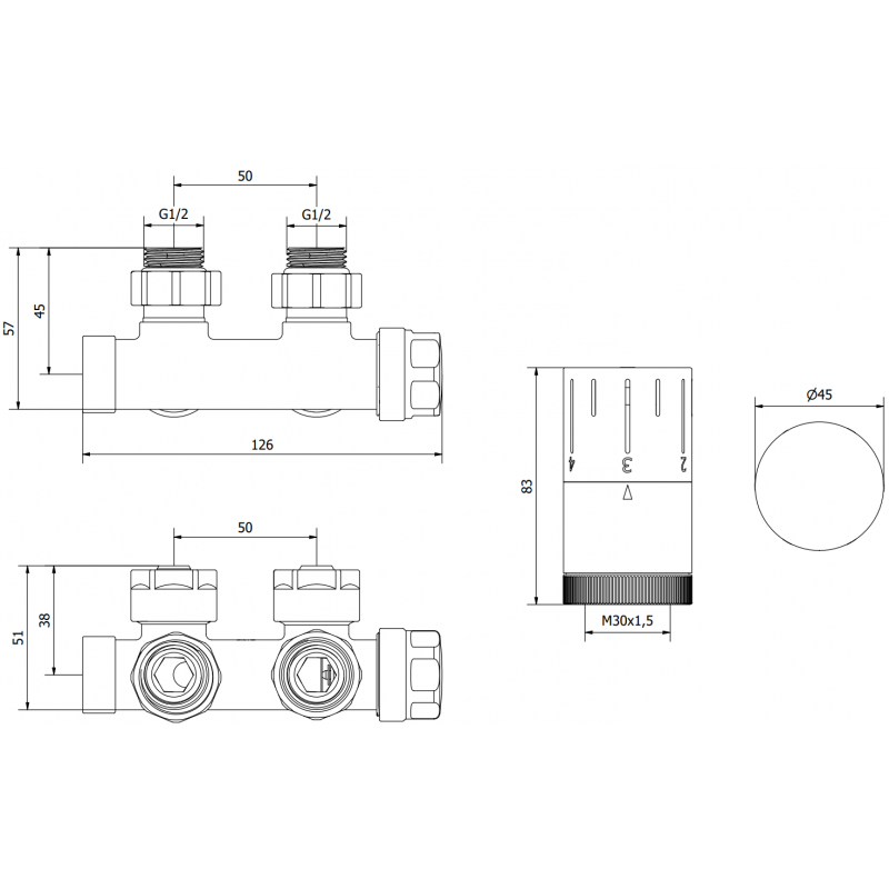 Mexen G05 termostatický set rohový, Duplex, DN50, antracit - W907-958-66