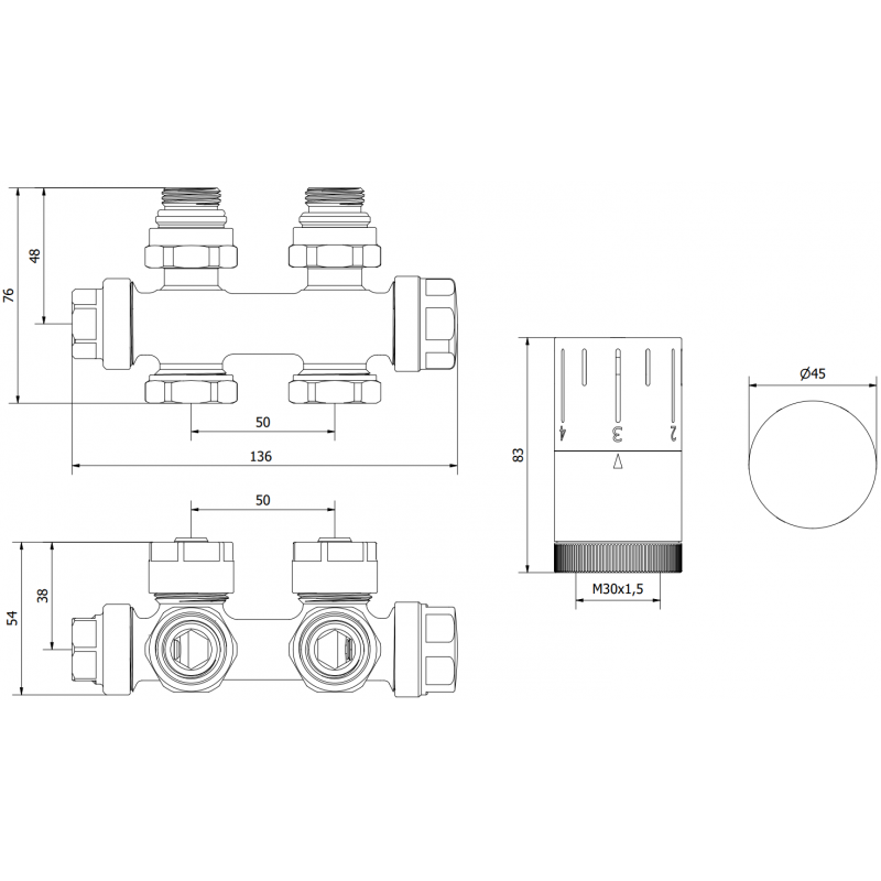 Mexen G05 termostatická sada úhlová/přímá, Duplex, DN50, antracit - W908-958-66