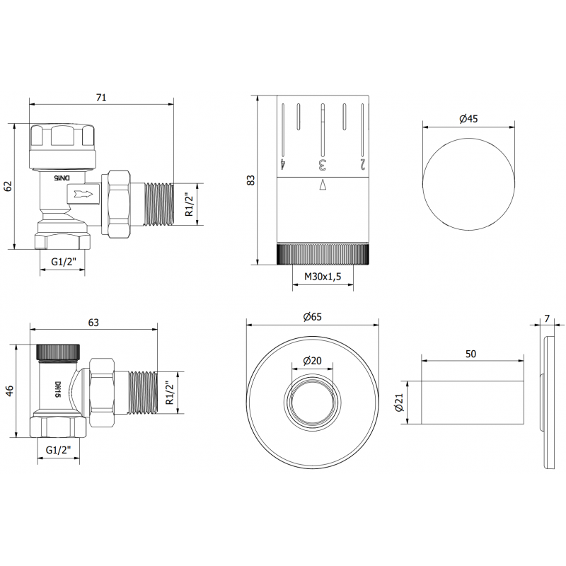Mexen G05 úhlová termostatická sada s krytem R, bílá - W901-958-904-20