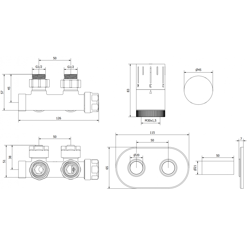 Mexen G05 úhlová termostatická sada s krytem R, Duplex, DN50, zlatá - W907-958-905-50