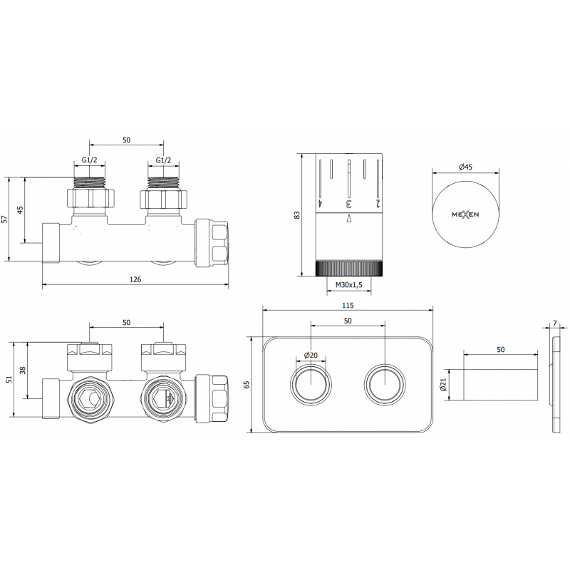 Mexen G05 termostatická rohová sada s krytem S, Duplex, DN50, bílá - W907-958-910-20