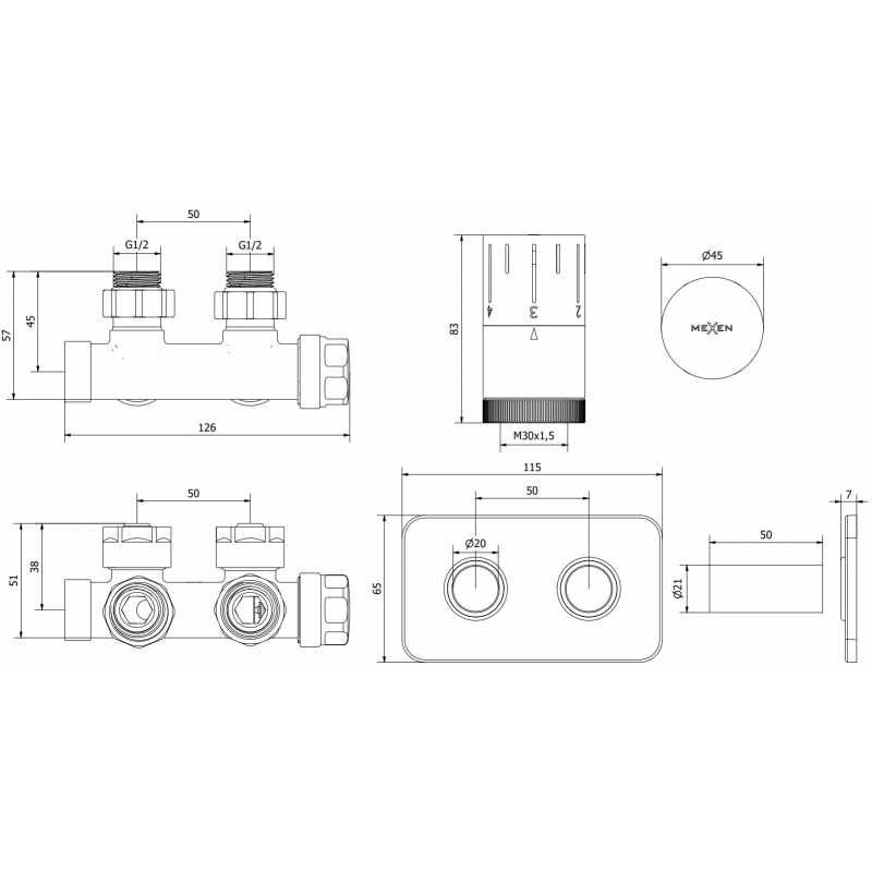 Mexen G05 termostatická sada úhlová s krytkou S, Duplex, DN50, antracit - W907-958-910-66