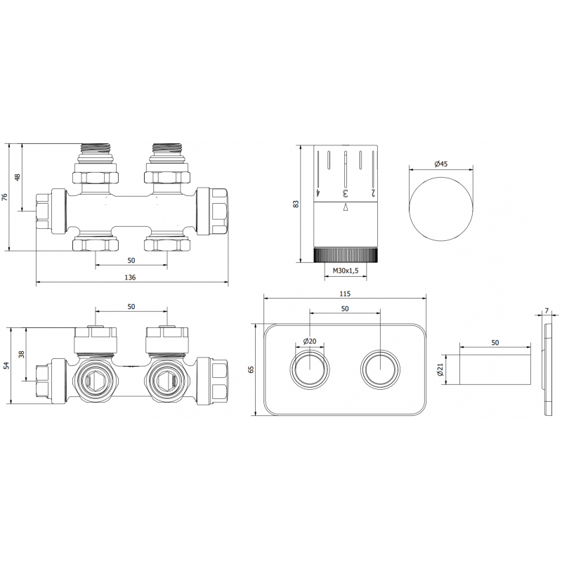 Mexen G05 termostatická sada rohová/přímá s krytem S, Duplex, DN50, zlatá - W908-958-910-50