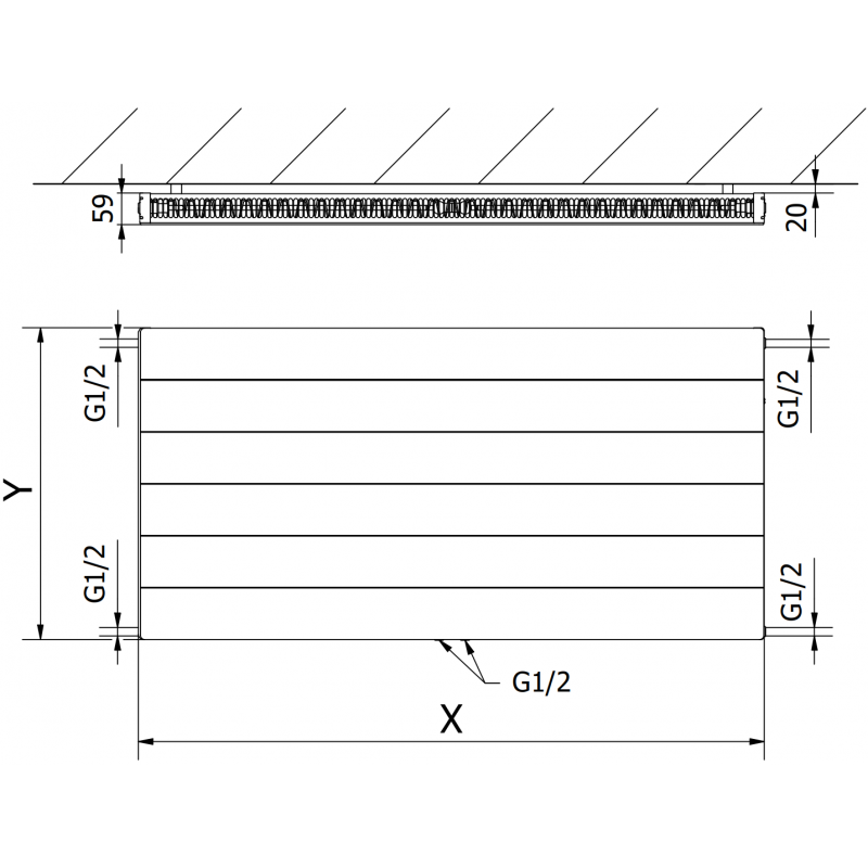 Mexen Line CCL11 deskový radiátor 500 x 2000 mm, spodní středové připojení, 1365 W, antracit - W6C11L-050-200-66