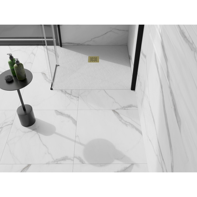 Mexen Stone+ kompozitní sprchová vanička čtvercová 100 x 100 cm, bílá, zlatý kryt - 44101010-G