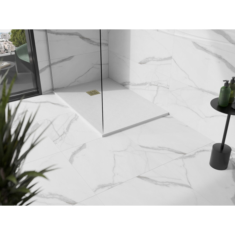 Mexen Stone+ obdélníkový kompozitní sprchový kout 90 x 70 cm, bílý, zlatý kryt - 44107090-G