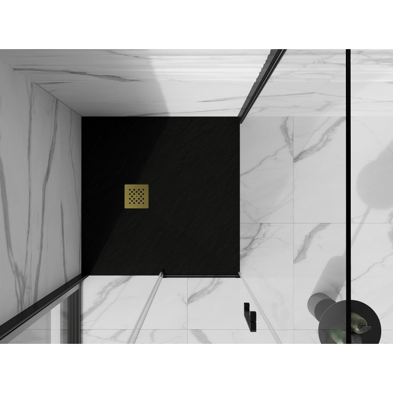 Mexen Stone+ čtvercová kompozitní sprchová vanička 90 x 90 cm, černá, kryt zlatý - 44709090-G