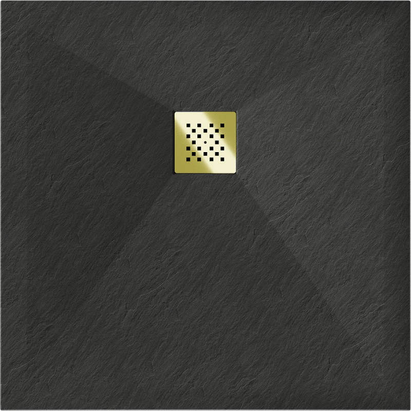 Mexen Stone+ kompozitní čtvercová sprchová vanička 80 x 80 cm, černá, zlatá krytka - 44708080-G