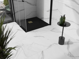 Mexen Stone+ čtvercová kompozitní sprchová vanička 100 x 100 cm, černá, zlatý kryt - 44701010-G