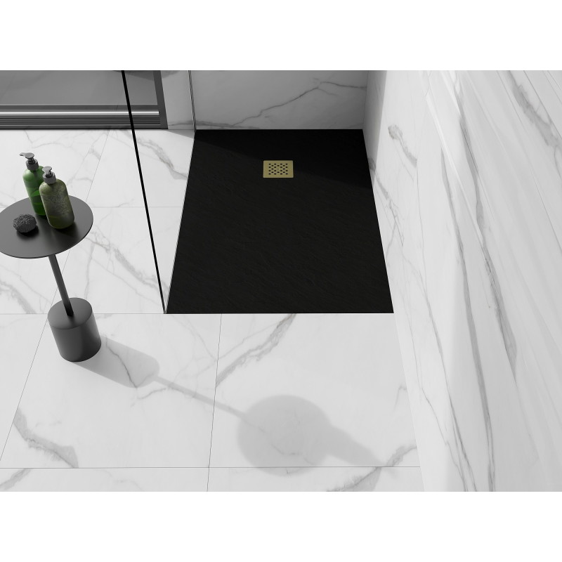 Mexen Stone+ Kompozitní sprchová vanička obdélníková 100 x 70 cm, černá, zlatá krytka - 44707010-G