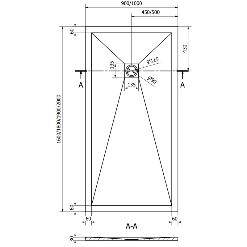 Mexen Stone+ obdélníková kompozitní sprchová vanička 160 x 90 cm, černá, černá krytka - 44709016-B