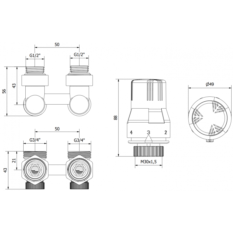 Mexen G02 dvoutrubková termostatická sada DN50, úhlová 1/2"x3/4", nikl - W911-012-928-01