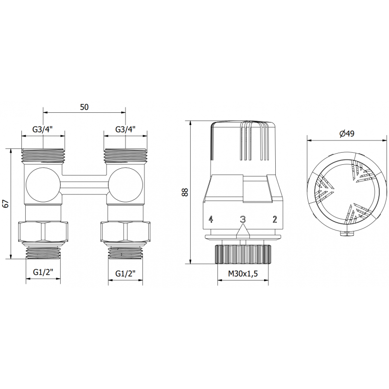 Mexen G02 dvoutrubková termostatická sada DN50, přímá 1/2"x3/4", nikl - W912-012-928-01