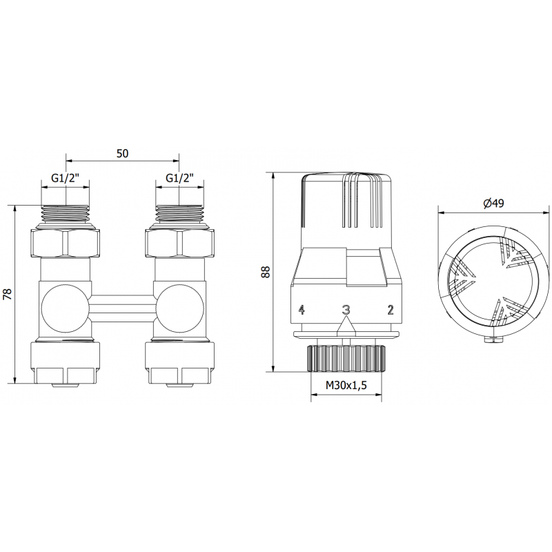 Mexen G02 termostatická sada, dvoutrubková DN50, přímá 1/2"x16 mm, nikl - W912-016-928-01