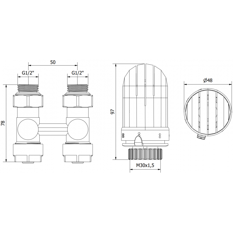 Mexen G03 termostatická sada se dvěma trubkami DN50, rovná 1/2"x16 mm, nikl - W912-016-938-01