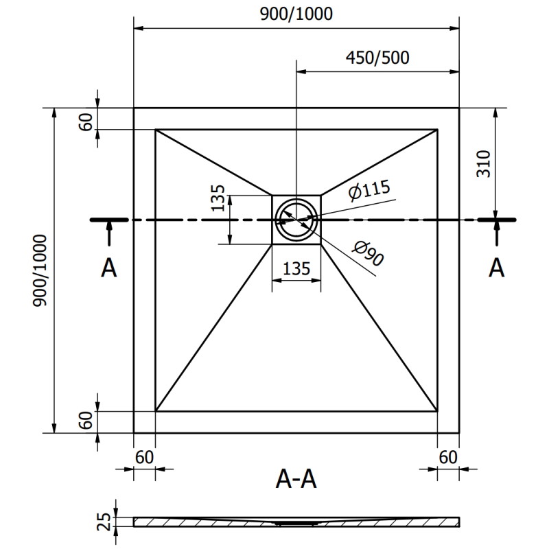 Mexen Stone+ kompozitní čtvercový sprchový kout 100 x 100 cm, bílý, černá krytka - 44101010-B
