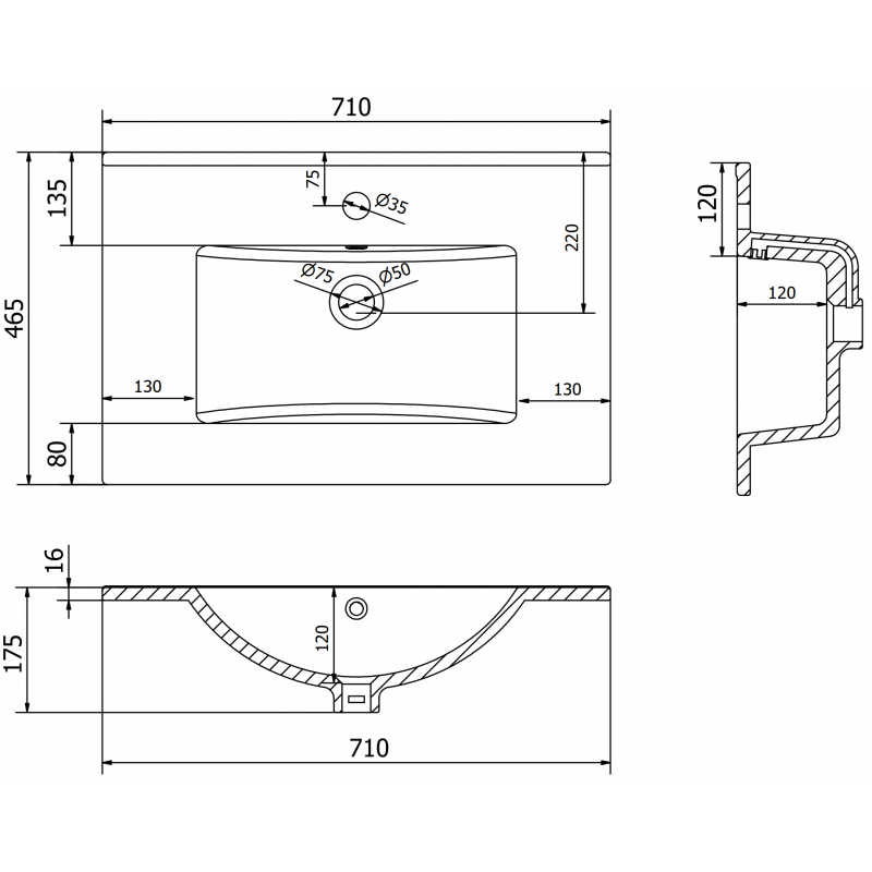 Mexen Atena zapuštěné umyvadlo do desky 71 x 46 cm, bílá - 25017000