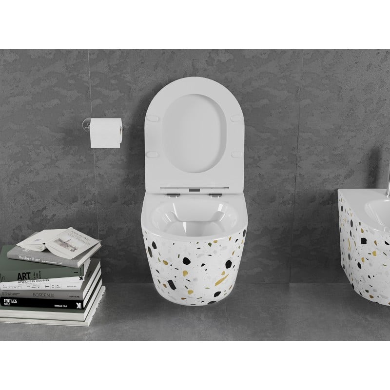 Mexen Lena WC mísa Rimless s tenkým pomalu padajícím sedátkem, duroplast, bílý kámen terrazzo - 30224096