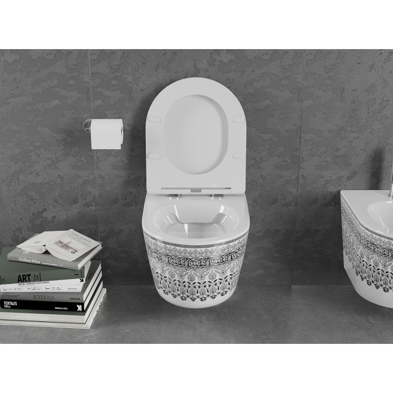 Mexen Lena WC mísa Rimless s pomalu padací deskou slim, duroplast, bílá/černý vzor - 30224095