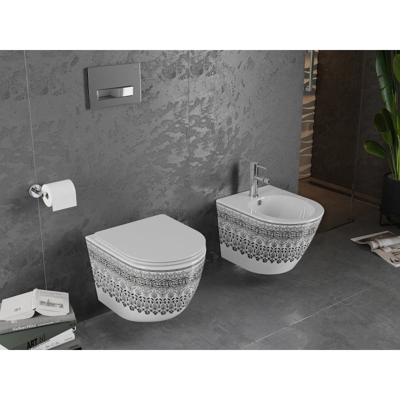 Mexen Lena WC mísa Rimless s pomalu padací deskou slim, duroplast, bílá/černý vzor - 30224095