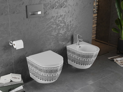 Mexen Lena WC mísa Rimless s pomalu padací deskou slim, duroplast, bílá/černý vzor - 30224095