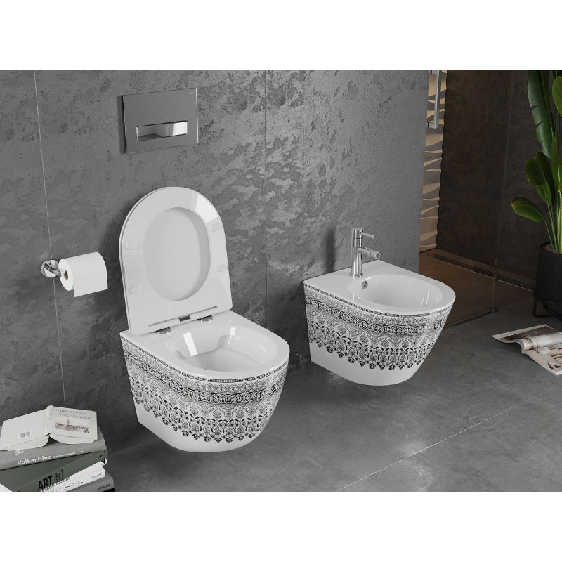 Mexen Lena WC mísa Rimless s pomalu padací deskou slim, duroplast, bílá/černý vzor - 30224095