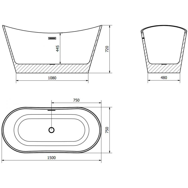 Mexen Montana volně stojící vana 150 x 75 cm, bílá/černá, přepad zlatý - 52011507575-50