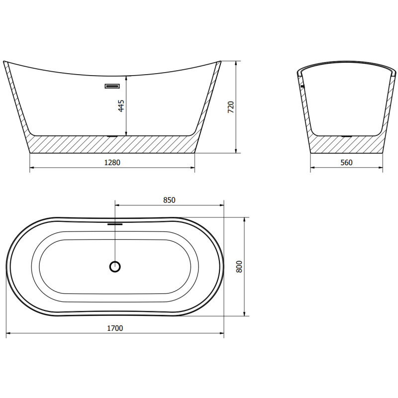 Mexen Montana volně stojící vana 170 x 80 cm, černá, přepad gun gray kartáčovaný - 52011708070-66