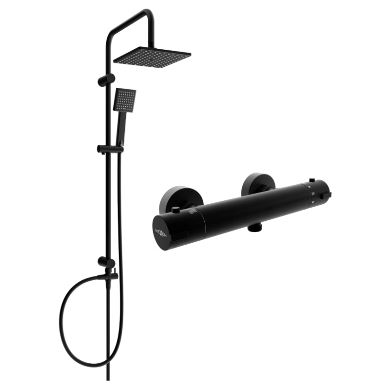 Mexen Tord sprchová sada nástěnná s dešťovou sprchou a termostatickou sprchovou baterií Kai, černá - 77100200-70