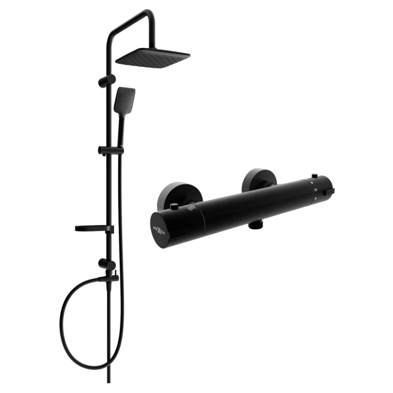 Mexen Sven nástěnná sprchová sada s hlavovou sprchou a termostatickou sprchovou baterií Kai, černá - 77100262-70