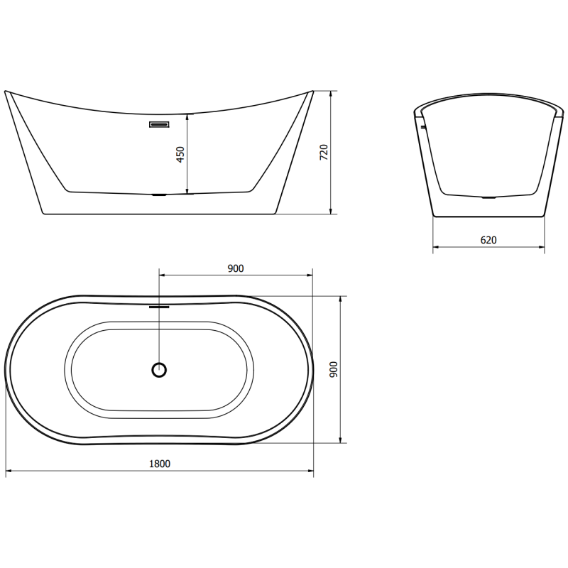 Mexen Montana volně stojící vana 180 x 90 cm, bílá, přepad černý - 52011809000-70
