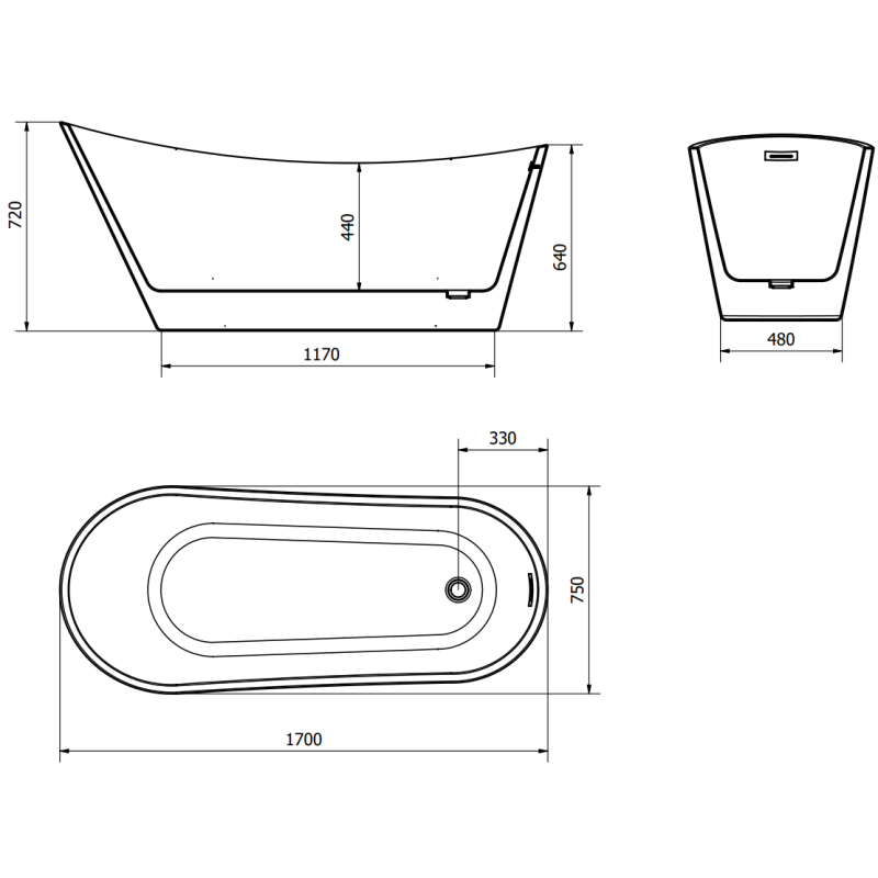 Mexen Alta volně stojící vana 170 x 75 cm, bílá, přepad kartáčovaná měď - 52141707500-65