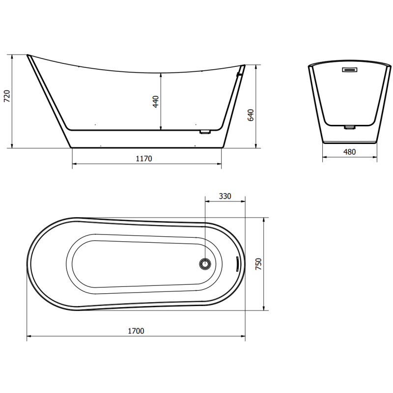 Mexen Alta volně stojící vana 170 x 75 cm, bílá/černá, přepad zlatý - 52141707575-50